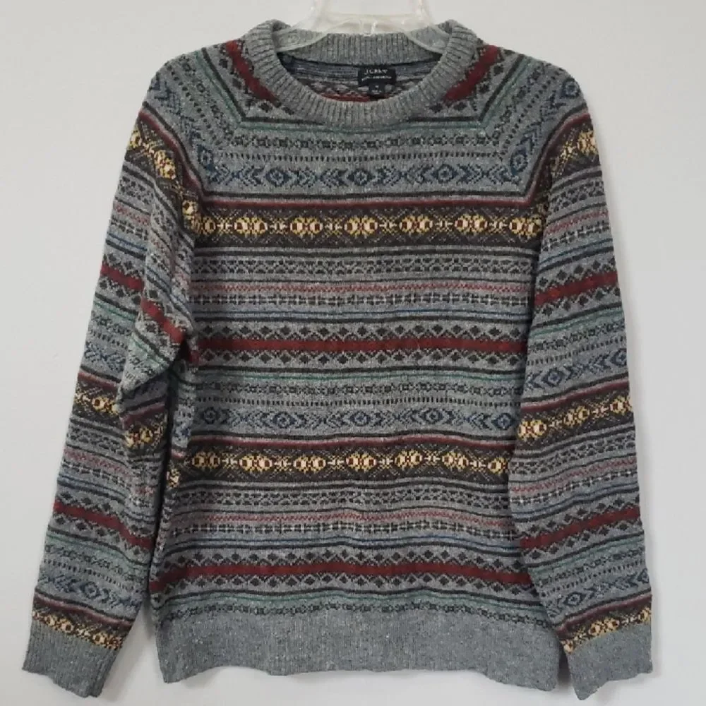 J. Crew Gray Fair Isle Sweater Men's M Lambswool Multicolor Stripe Crewneck